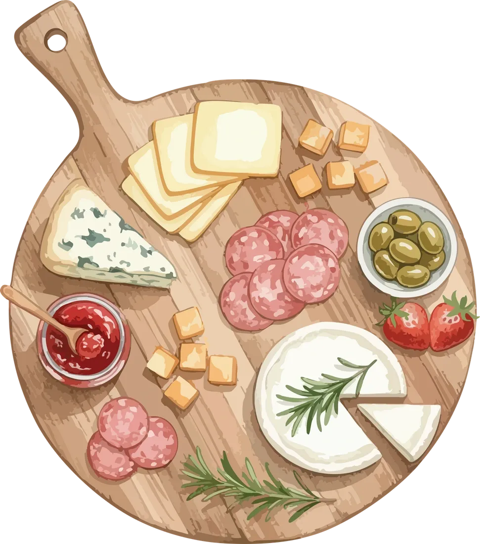 Illustration aquarelle d’une planche de fromages et de charcuterie à partager